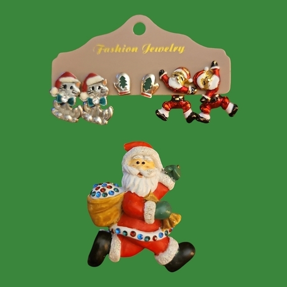 Vintage 1980s Christmas Santa Jacket Movable Kitty Mitten Post Earrings Brooch - Picture 1 of 8